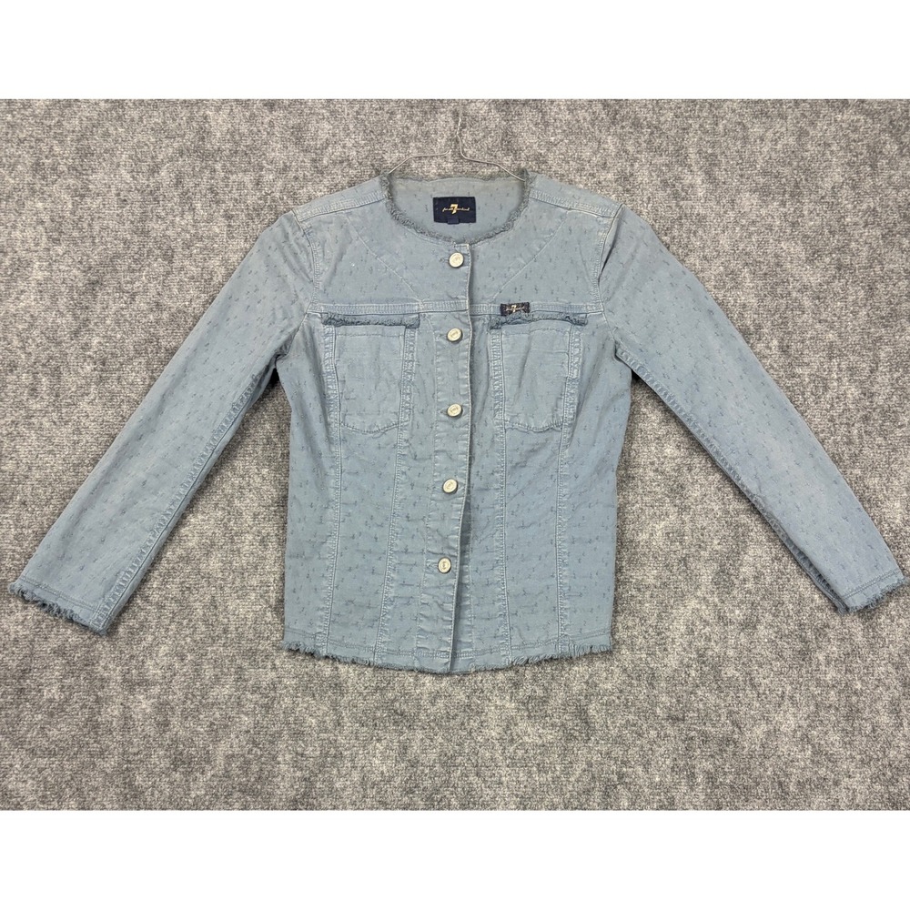 7 For All Mankind Womens Blue Dobby Textured Raw Hem Denim Jacket XS